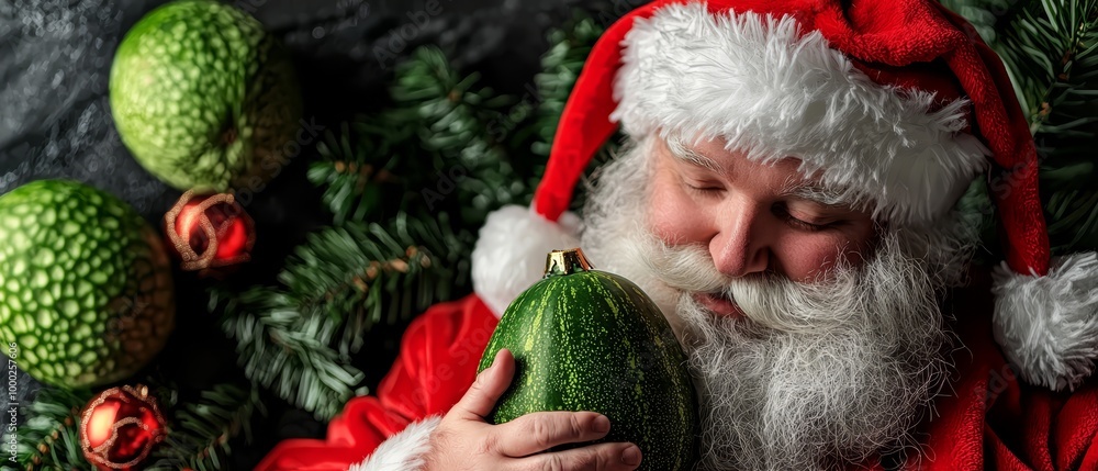 Sticker  A tight shot of an individual in Santa attire, gripping a cucumber near a Christmas tree