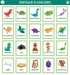 Vector big dinosaur flash cards set with t-rex, triceratops, pterosaur. English language game with ancient animals for kids. Prehistoric flashcards. Educational printable worksheet with cute dino © Lexi Claus