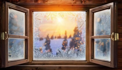 Frosty window view of winter