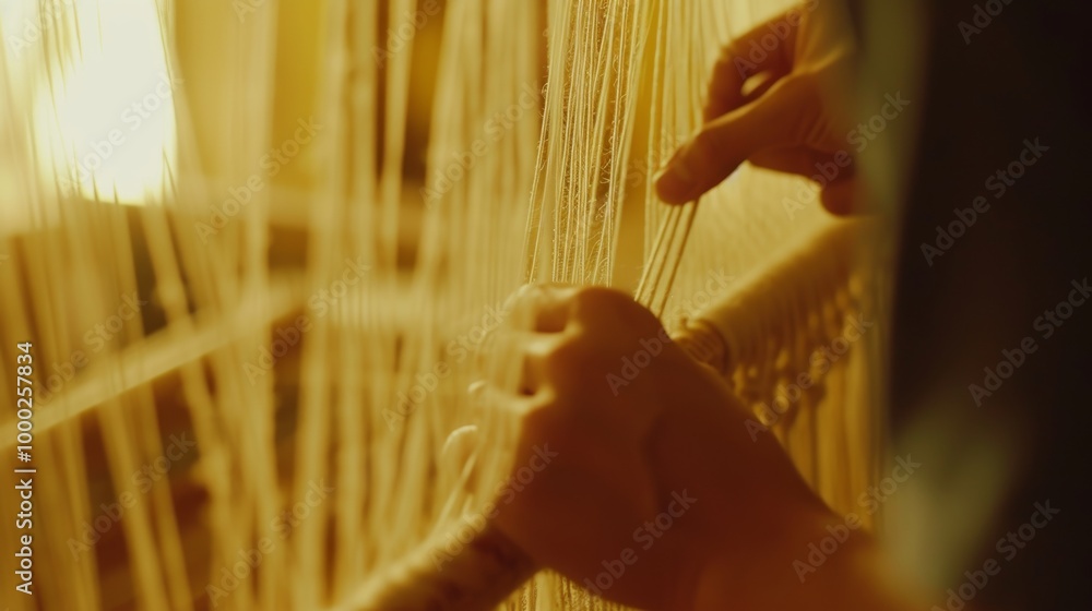 Poster a detailed shot of hands threading strings on a loom, illuminated by soft golden light. the intricat