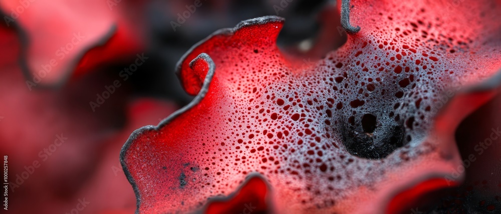 Sticker  Close-up of a red flower with water droplets on petals against a black and white backdrop