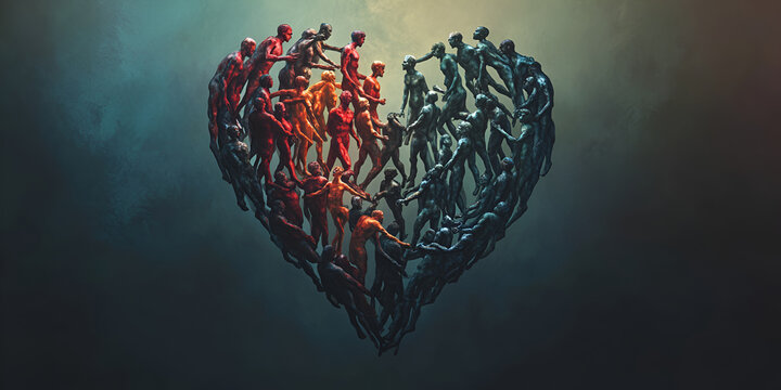 Abstract heart shape formed by human figures in red and blue, symbolizing connection, unity, and love.