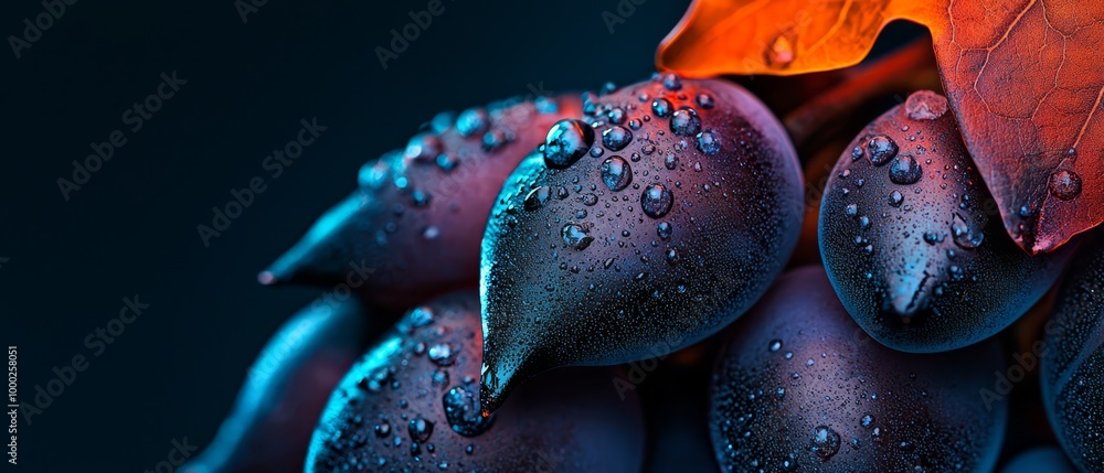 Poster  A tight shot of juicy fruit with water droplets atop and a leaf hovering above