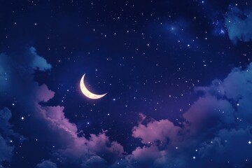 Crescent Moon and Stars in a Night Sky with Clouds