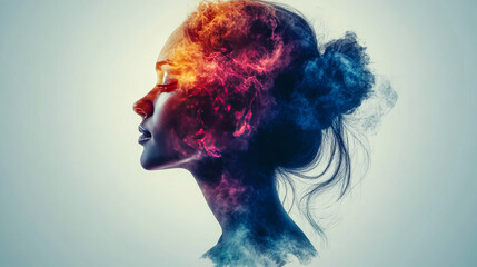 A woman’s silhouette with colorful clouds at dusk
