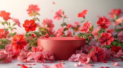 Red podium surrounded by vibrant red geranium flowers on a soft background. Floral display setup for product presentation, banners, and nature-themed designs with vibrant colors and copy space