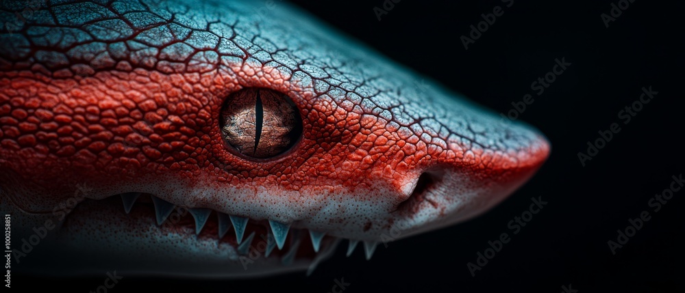 Canvas Prints  A tight shot of a dinosaur's face, colored red and blue, displaying a toothy smile