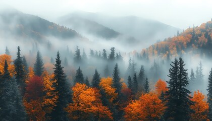 Misty Autumn Forest with Colorful Trees and Fog