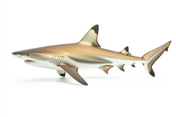 Obraz premium Blacktip reef shark with distinctive dorsal fin and sleek body, isolated on white background, saltwater predator species.