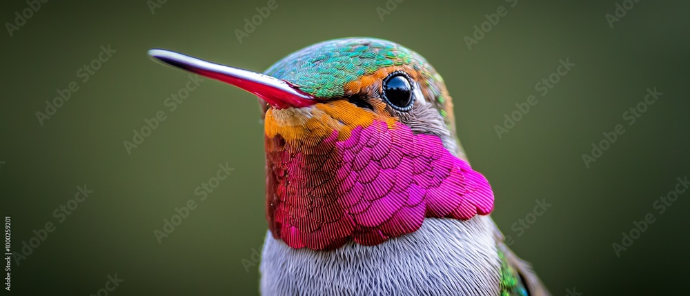 Poster green, yellow, red, and blue beak; multicolored wings