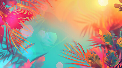 Abstract colorful summer gradient background with tropical beach palm leaves and geometric shapes with circles and lines