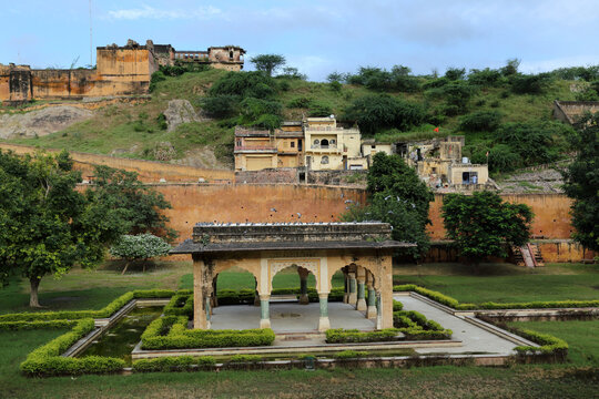Jaipur,Rajasthan,India - Septemer 28, 2024. The attractive view of Ram Bagh Garden - Amber Palace Jaipur. The Bagh Garden of amer fort.