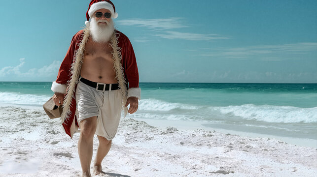 Santa Claus walking on the beach in festive attire, wearing sunglasses, enjoying the summer sun
