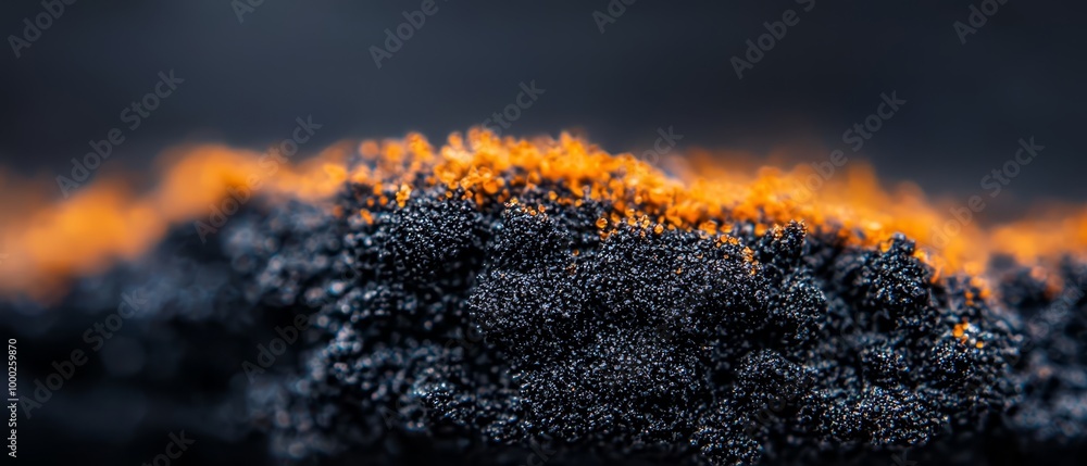 Wall mural  A tight shot of a black and orange material against a dark night sky A yellow substance is prominently featured in the foreground