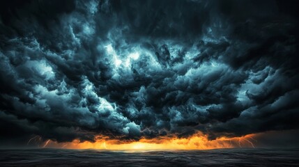 A stormy sky filled with dark, ominous clouds, rolling in over a desolate landscape, with flashes of lightning in the distance