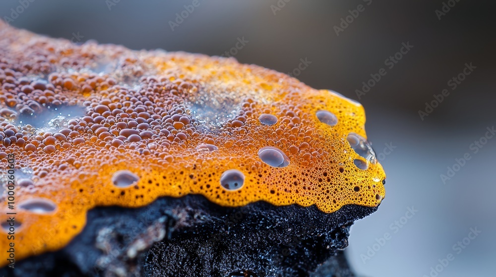 Sticker  A tight shot of a yellow-and-black substance on black rock, dotted with water droplets