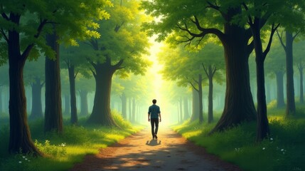 Fototapeta premium Person Walking in Serene Forest Path, Symbolizing Stages of Personal Growth and Goal Setting
