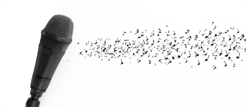 A microphone is shown with a bunch of notes flying out of it