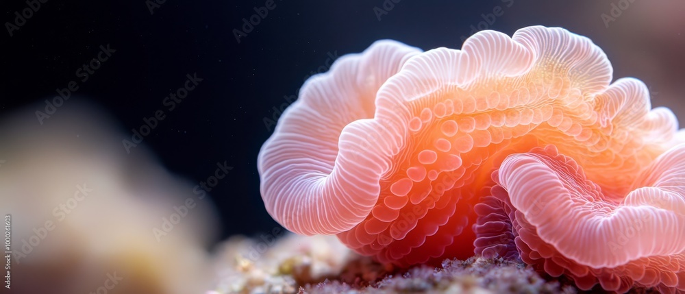 Sticker  A tight shot of an orange-white sea anemone atop a coral, surrounded by additional corals in the background