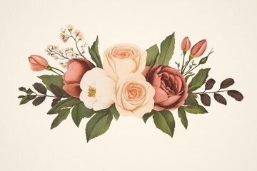 A vintage illustration of a blooming bouquet of flowers and foliage