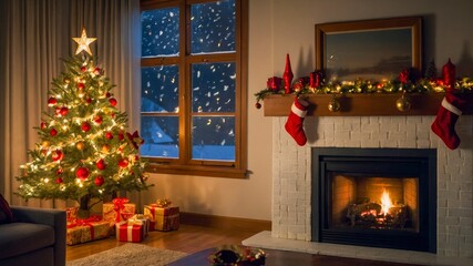 Cozy Christmas Living Room With a Beautifully Decorated Tree and a Warm Fireplace Glow