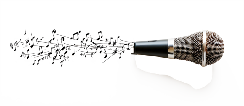 A microphone is shown with a lot of notes and symbols surrounding it