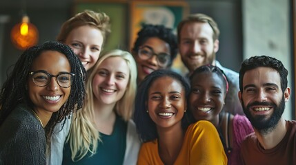 Fototapeta premium Diverse and inclusive group of office colleagues smiling at a team building workshop event, workplace race inclusion and diversity concept 