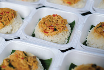 Boxed rice. Rows of packaged rice boxes, spicy seasoned shredded chicken.