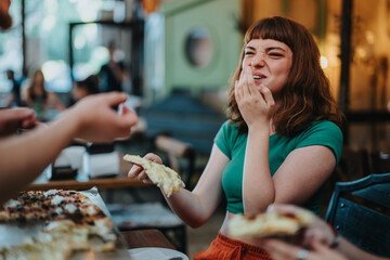 A cheerful young woman laughs while sharing pizza with friends in a cozy, vibrant cafe setting. The...