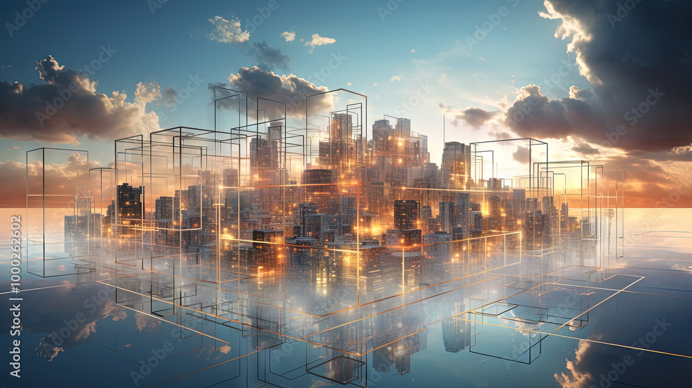 Aufkleber concept of a digital city with cloud connections. futuristic network in the clouds.