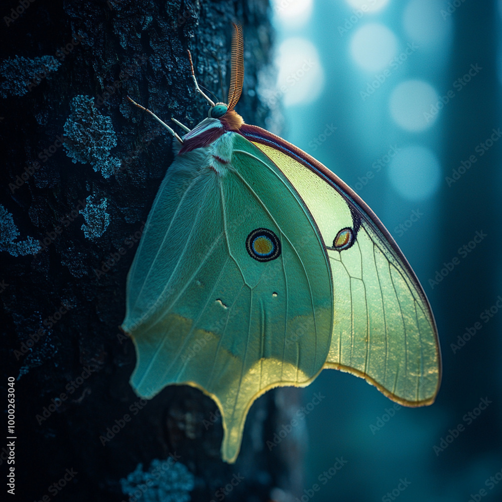 Poster a luna moth resting on tree in moonlit forest creates serene and enchanting atmosphere. soft glow of