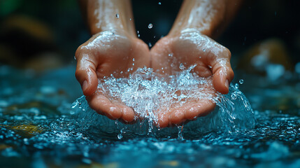 Close-Up of Waterfall Stream Flowing Through Man's Hands: Nature and Freshness