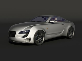 Sleek silver sports car with modern, aerodynamic design on a dark background.