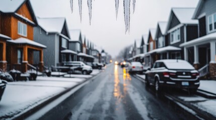 A suburban neighborhood during a freezing rain event, where icicles hang from rooftops and power lines, and everything is coated in ice