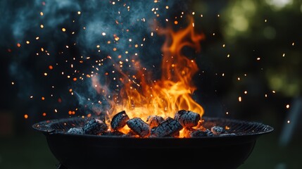 "Flames Ignite as Wind Fans the Coals: Sparks Fly in Fiery BBQ Moment"