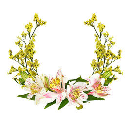 Yellow limonium flowers and alstroemeria in a floral arrangement isolated on white or transparent...