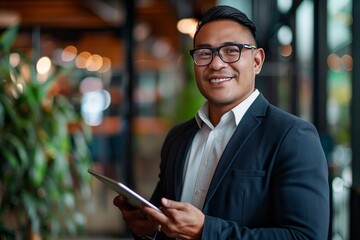 Happy young Pacific Islander business man executive holding tablet at the office. , background blur