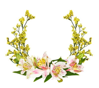 Yellow limonium flowers and alstroemeria in a floral arrangement isolated on white or transparent background