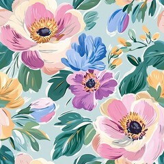 Bright and vibrant seamless pattern featuring hand painted flowers on light turquoise background, evoking cheerful and lively atmosphere