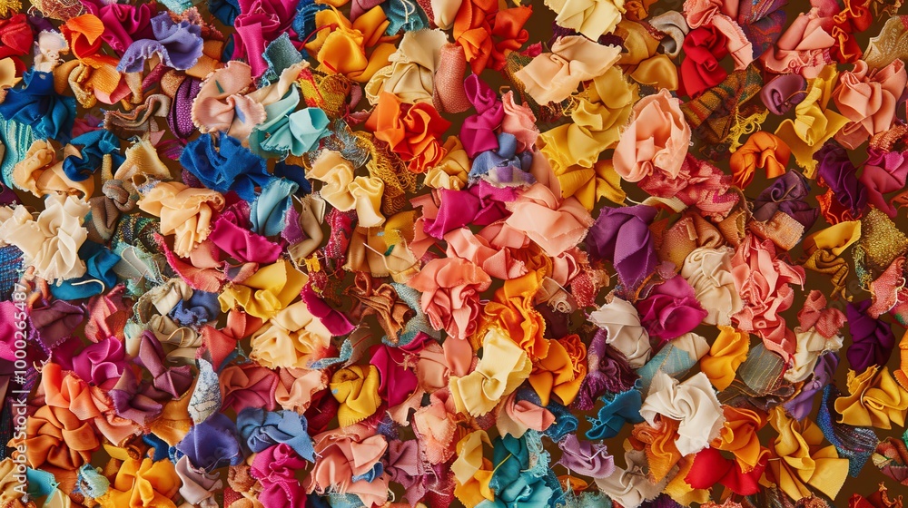 Poster a vibrant top view of crumpled colorful fabrics arranged in a dense pattern. the lively mix of textu