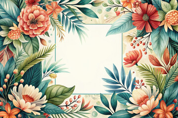 Vibrant floral border design featuring lush blooms and foliage with a blank center ideal for invitations or decor. Generative AI