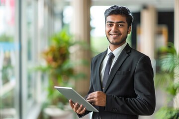 Fototapeta premium Happy young South Asian business man executive holding tablet at the office. , background blur