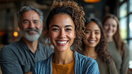  Diverse and inclusive group of office colleagues smiling at a team building workshop event, workplace race inclusion and diversity concept 