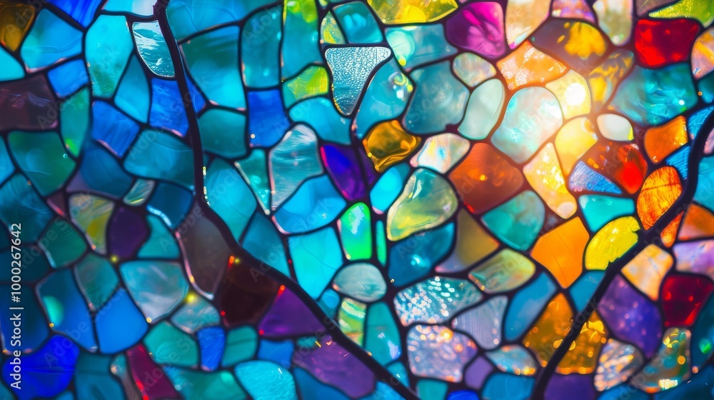 Poster a close-up of a stained glass window featuring an array of vibrant colors. the sunlight streaming th