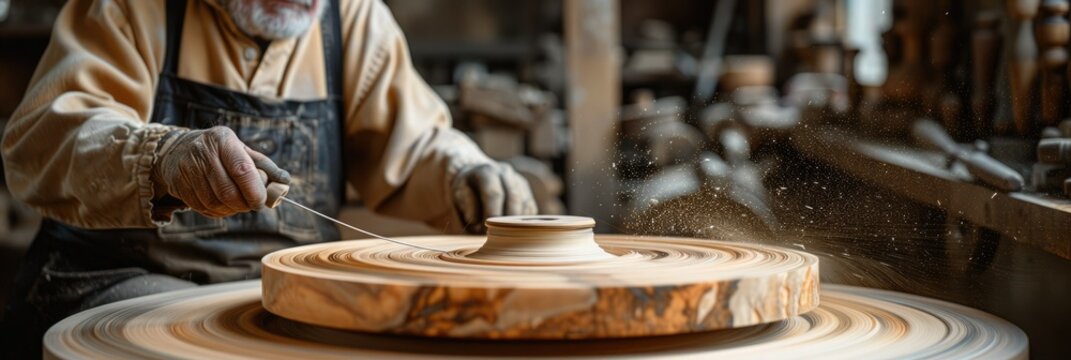 Elderly craftsman meticulously shaping a wooden bowl in a traditional workshop