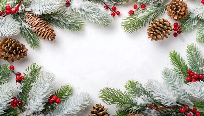 A frosty winter wonderland with snow-dusted pine branches and pinecones surrounded by vibrant red berries, capturing the essence of a serene winter day in nature. Generative AI