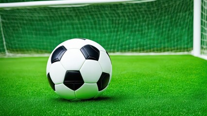 A close-up of a soccer ball on a grassy field near a goalpost.