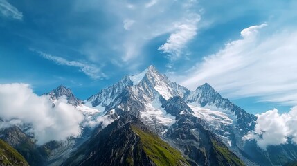 Fototapeta premium A time-lapse of seasonal weather changes in a mountain range, where the snow-covered peaks gradually give way to sunny skies and blooming flowers