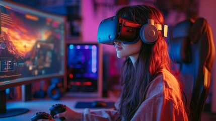 Woman Using VR Headset for Gaming