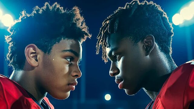 Two young African American football players engage in a tense stare-down under bright stadium lights. Both wear red jerseys and helmets, with a serious, competitive mood at dusk.